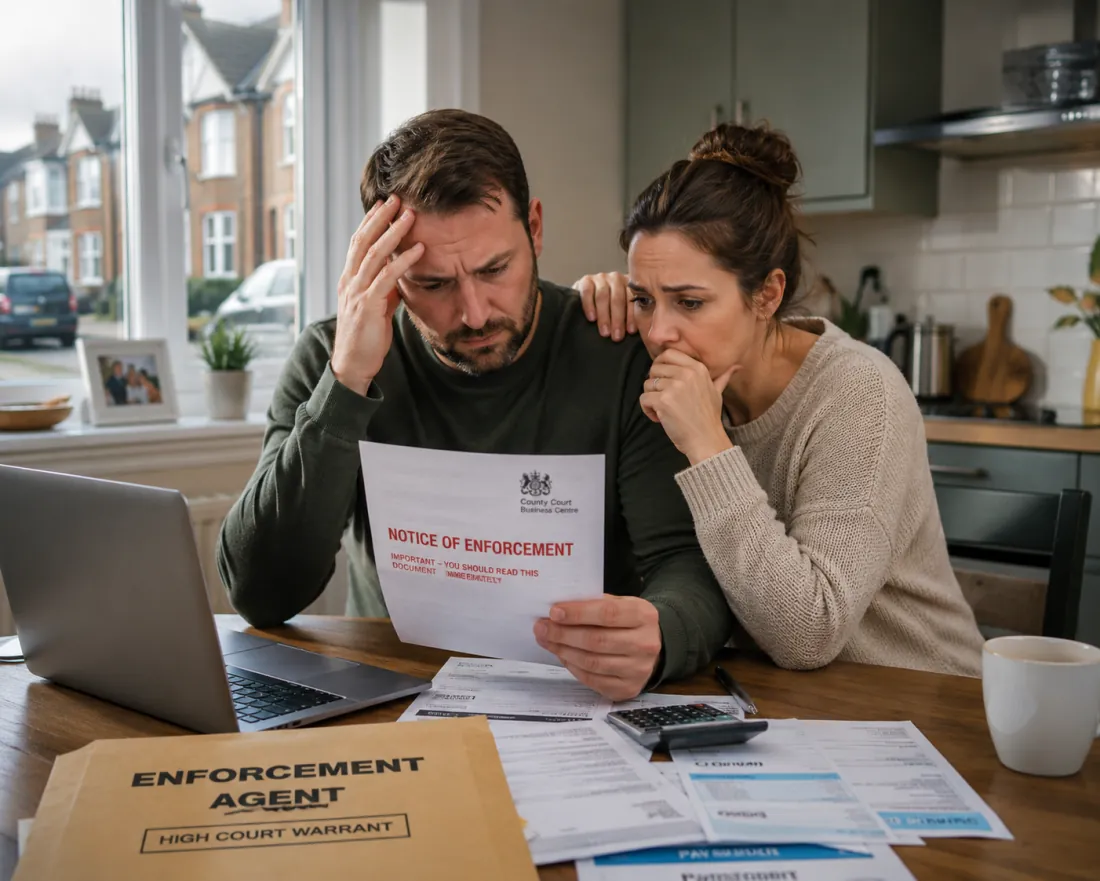 A worried couple at home reading a Notice of Enforcement and High Court Warrant
