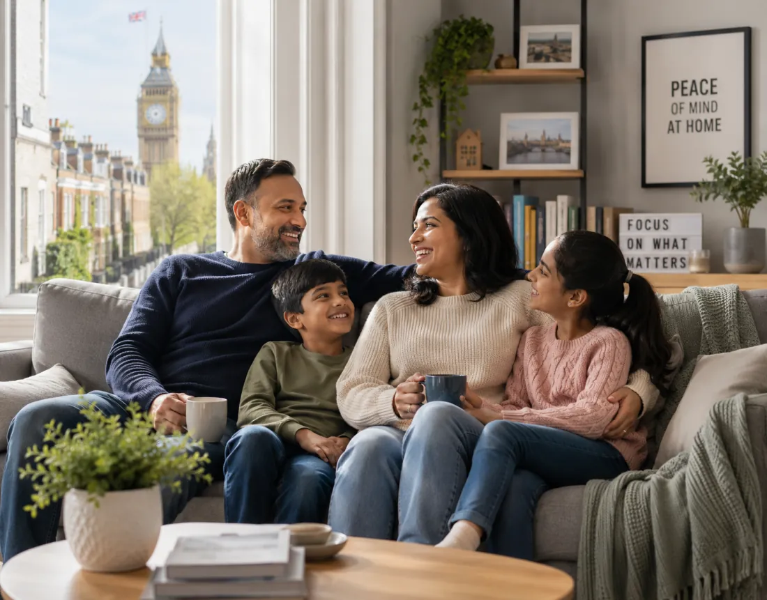 A relaxed, happy family enjoying peace of mind at home after getting bailiff help